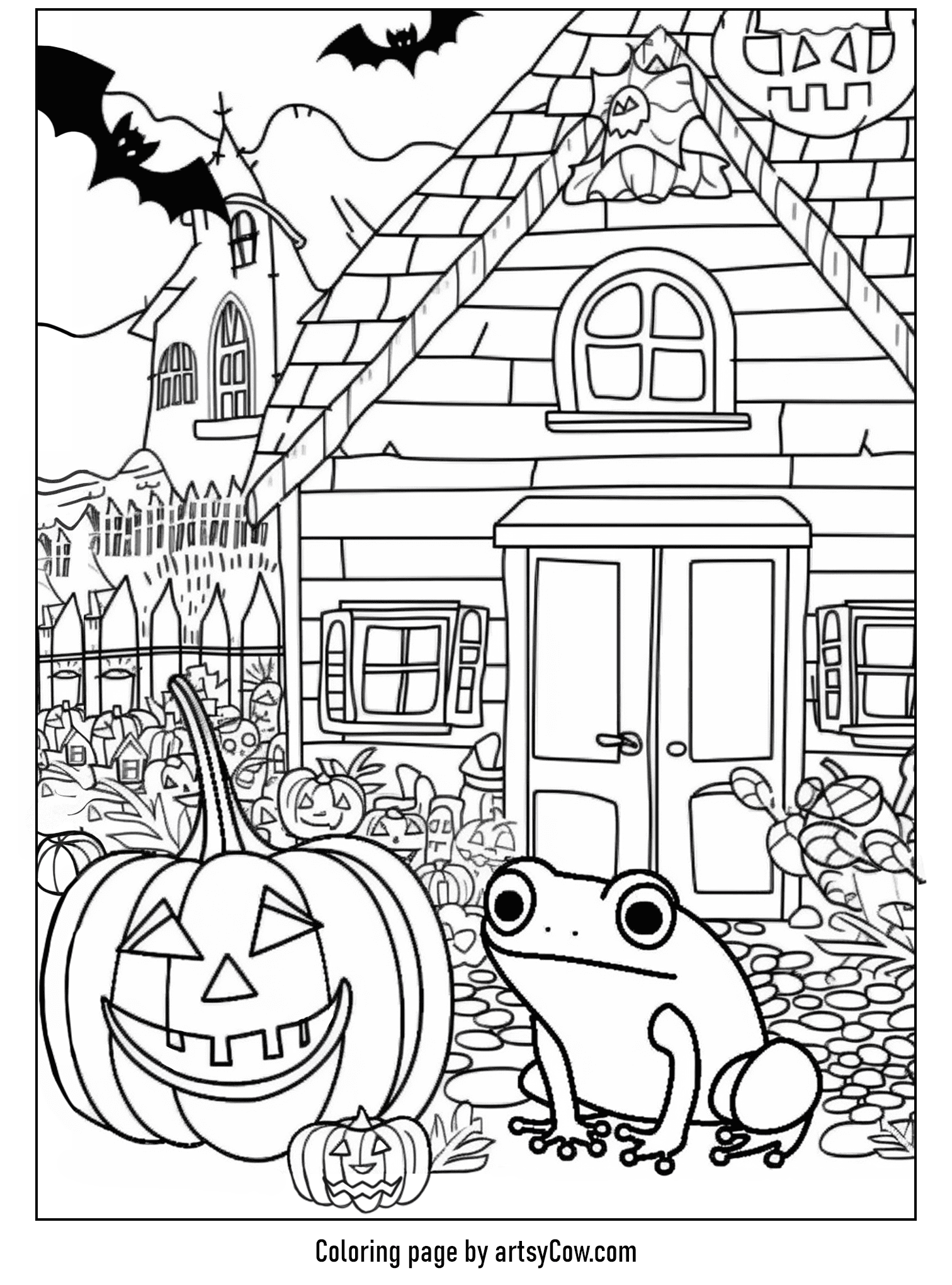 a cute frog by a spooky house and smiling pumpkin